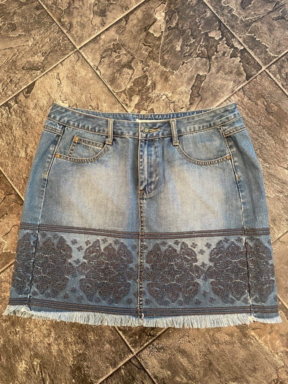 STETSON Vintage Blue Faded Denim Embroidered Fringe Western Boho Mini Skirt